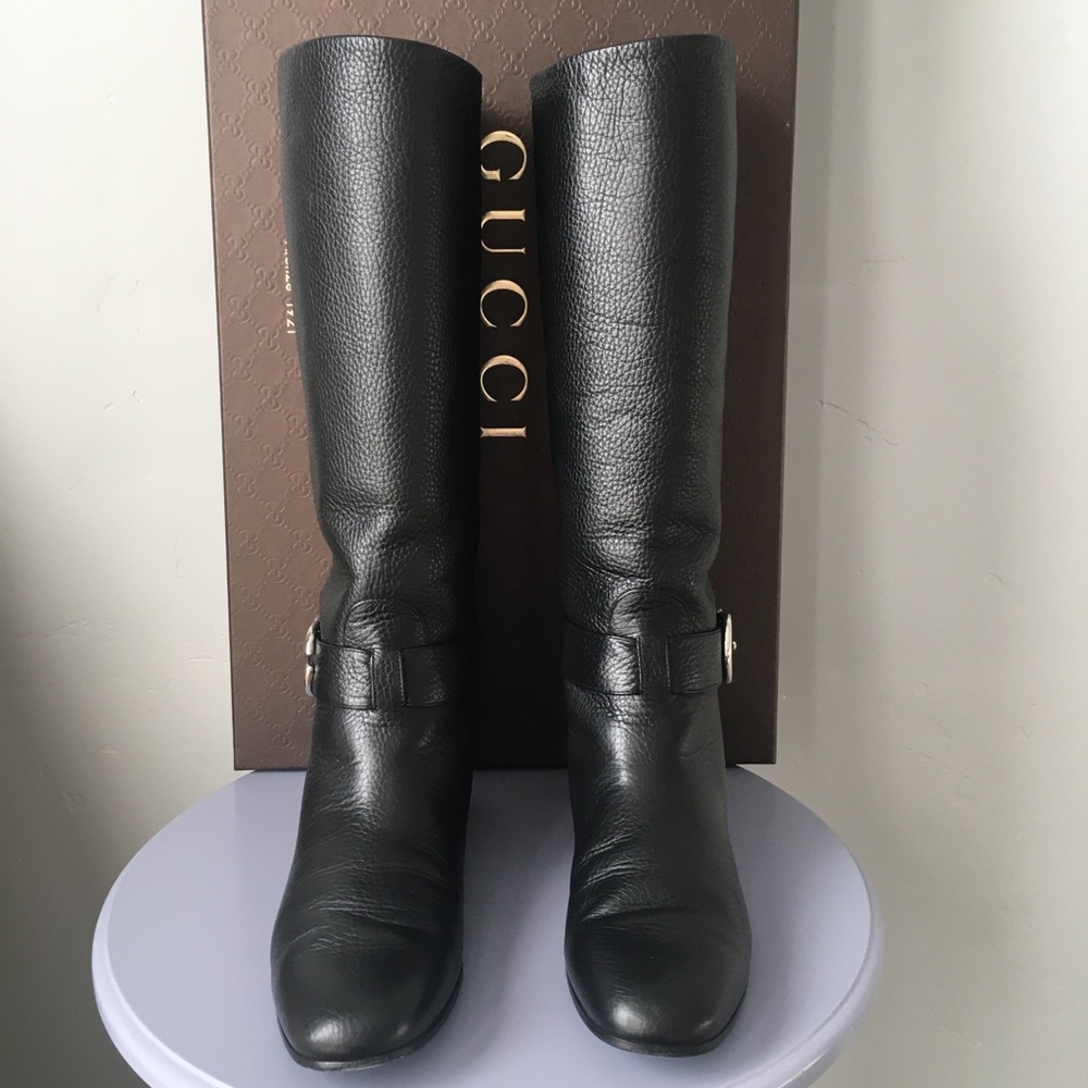 Gucci Black Leather Interlocking G Sachalin Pull-on Riding Boots Sz 7 US / 37 EU - Picture 10 of 16